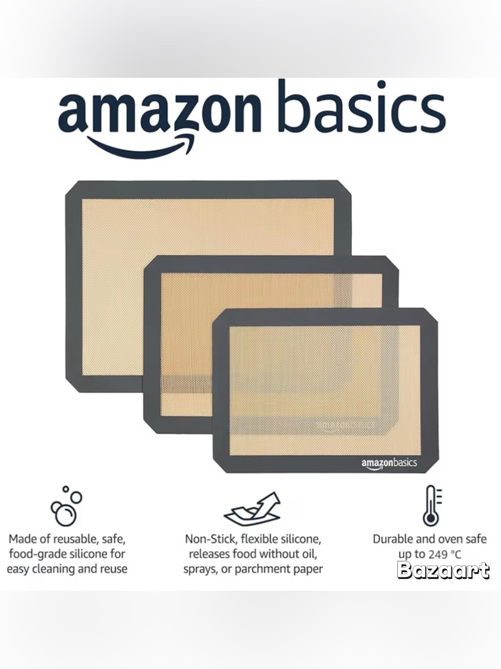 3 Pack Silicone Rectangular Baking Mats, Non-Stick, Reusable, Dishwasher Safe